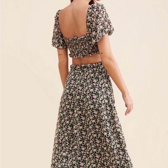 Floral Cutout Midi Dress in Black with Pink Flowers - Picture 2 of 3